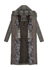 Puffer coat in dark gray nylon with a high collar, featuring a patterned interior lining of black and gray foliage and red stitching accents.