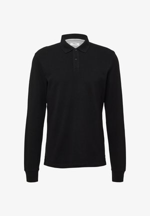 Black long-sleeve polo shirt made of cotton with a classic collar, three-button placket, and ribbed cuffs. Subtle embroidered logo on chest.