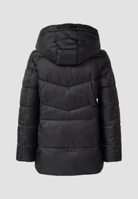 Czarna kurtka puchowa z kapturem, z pikowanym szwem, prostym krojem i gładką fakturą tkaniny. Brak widocznych elementów metalowych lub akcentów.