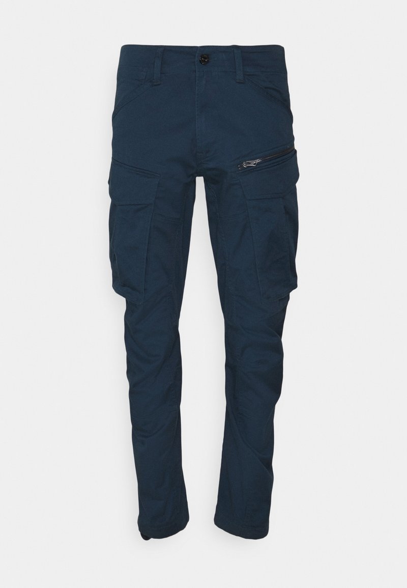 Granatowe spodnie cargo z wieloma przednimi kieszeniami, w tym kieszenią na zamek błyskawiczny na prawej udzie, zapięciem na guzik i szlufkami na pasek.