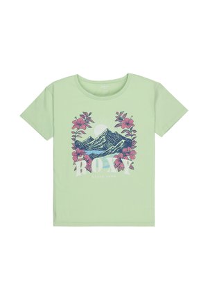 Light green t-shirt made of cotton, featuring a graphic design of mountains, a sun, and pink flowers. Crewneck and short sleeves.