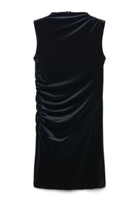 Ärmelloses schwarzes Samtkleid mit asymmetrischer Raffung auf einer Seite, hohem Ausschnitt und geradem Saum.