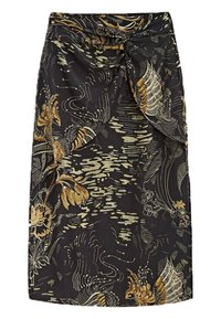 Black skirt with a knot detail at the waist, featuring intricate gold floral and wave patterns in a lightweight fabric.