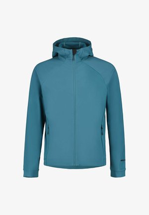 Sininen softshell-takki hupulla, edessä vetoketju, kaksi sivutaskua ja joustavat hihansuut. Takissa on saumattomat olkapäät ja sileä pinta.
