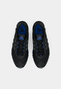 Pair of black Adidas running shoes with blue accents and logo, viewed from above on a plain white background.