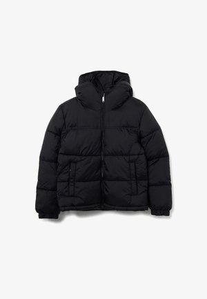 Black puffer jacket with a hood, featuring a zip front, two front pockets, and a quilted design. Made of smooth, lightweight material.