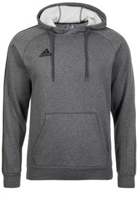 Sudadera con capucha gris hecha de tejido suave, con un bolsillo frontal, logo negro en el pecho y un forro interior blanco en contraste alrededor de la capucha.