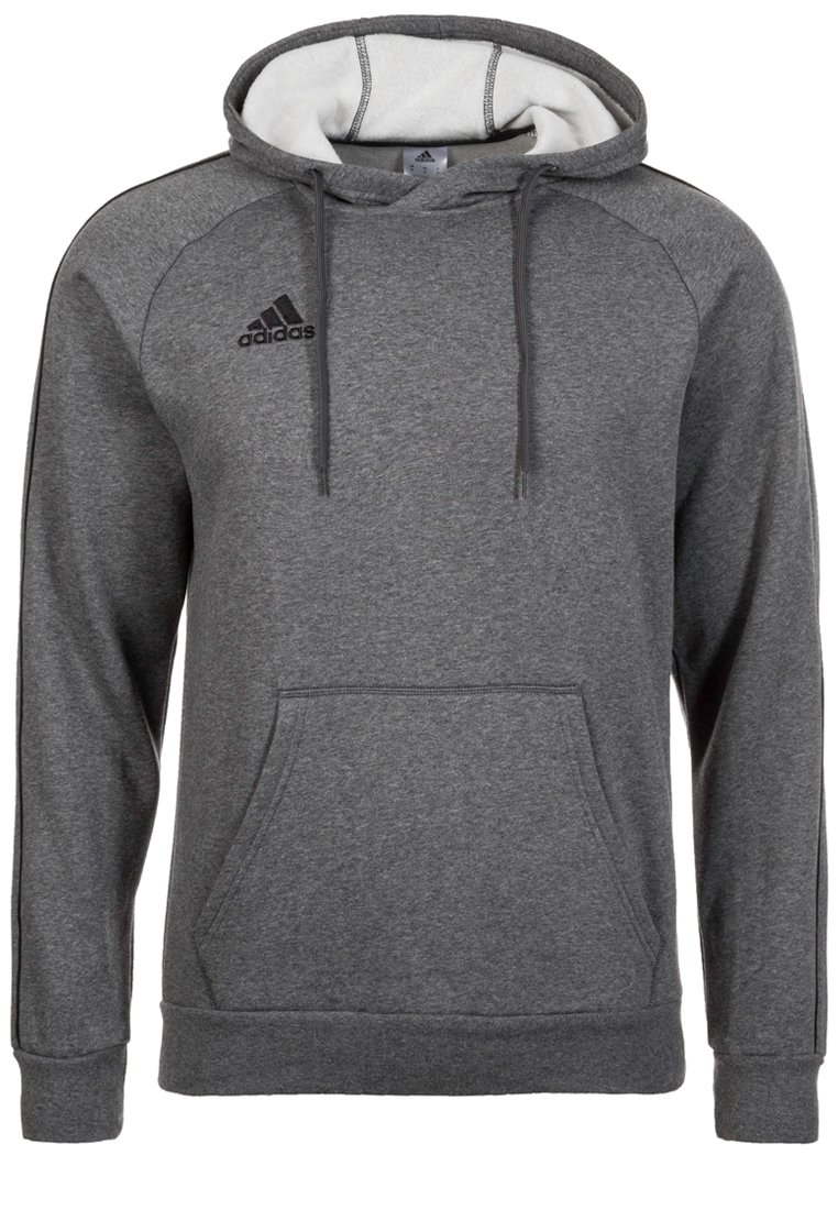 Sudadera con capucha gris hecha de tejido suave, con un bolsillo frontal, logo negro en el pecho y un forro interior blanco en contraste alrededor de la capucha.