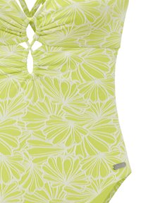 Einteiliger Badeanzug in einem leuchtenden Limettengrün, mit einem weißen Blumenmuster, gerafften Details und einem Ausschnitt in der Mitte.