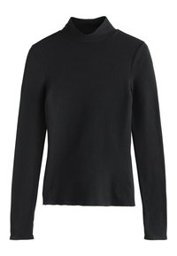 Maglia a maniche lunghe nera a coste con collo alto, design aderente e orlo smerlato. Tessuto morbido ed elastico per comfort e calore.