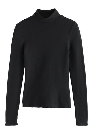 Svart ribbad långärmad polotröja med figursydd design och vågig fåll. Mjuk och stretchig tyg för komfort och värme.