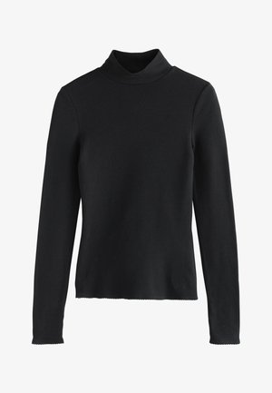 Schwarzes, geripptes Langarmshirt mit Rollkragen, eng anliegendem Design und gewelltem Saum. Weicher, dehnbarer Stoff für Komfort und Wärme.