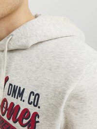 Felpa grigia con una texture morbida, dotata di cappuccio con stringa. Stampa distintiva in testo navy e rosso sulla parte anteriore, con un fit casual.