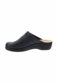 Zoccoli blu navy con tomaia perforata, punta arrotondata e suola nera. Presentano una soletta in sughero per il comfort e un design con tacco basso e curvo.