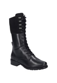 Bottines en cuir noir à lacets avec un dessus en daim, bout rond et semelle plate. Comprend des œillets en métal et un col rembourré pour un confort optimal.