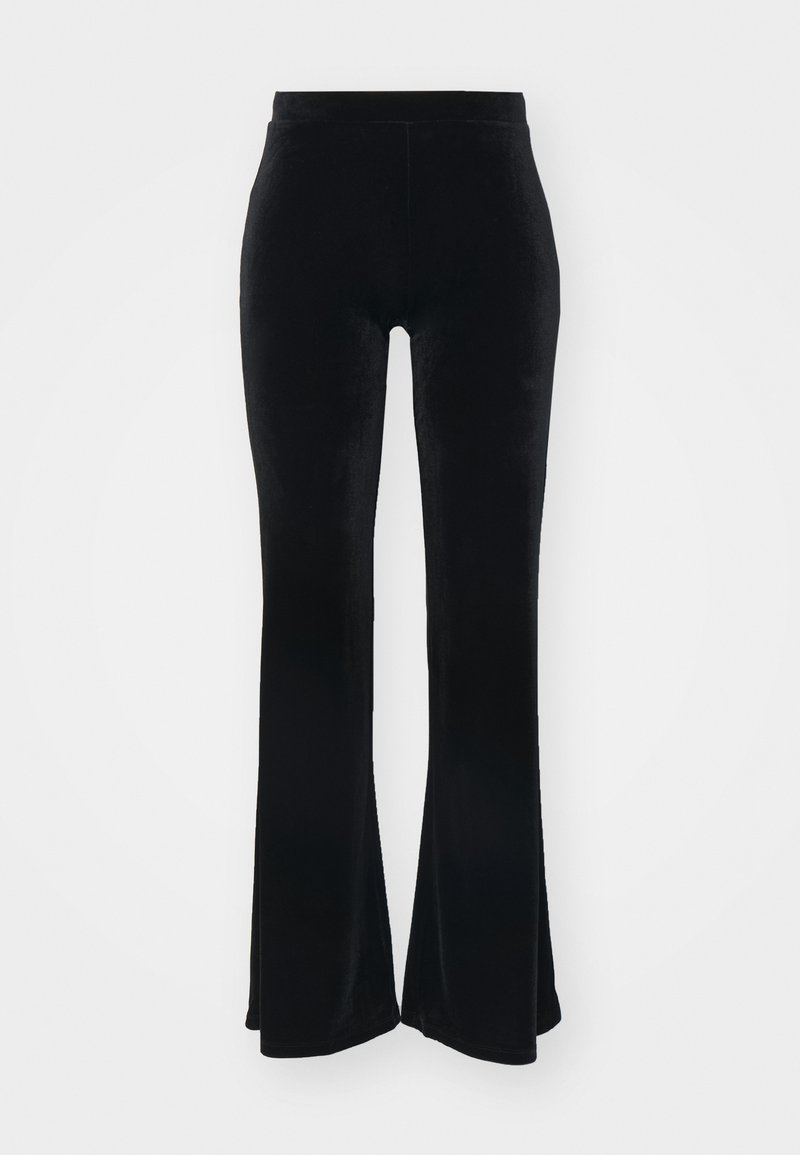 Zwarte flared broek gemaakt van een zachte, gestructureerde stof. Elastische tailleband, gladde afwerking en flared zoomontwerp voor een ontspannen pasvorm.