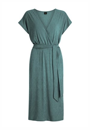 Turkooizen jurk tot op de knie met korte mouwen, V-hals, gestructureerde stof en bijpassende ceintuur gestrikt in de taille.