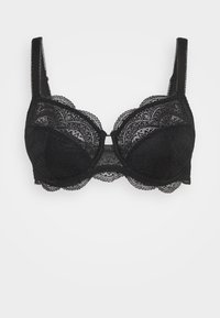 Black lace bra with underwire, scalloped edges, intricate floral pattern, adjustable straps, and a center clasp closure.