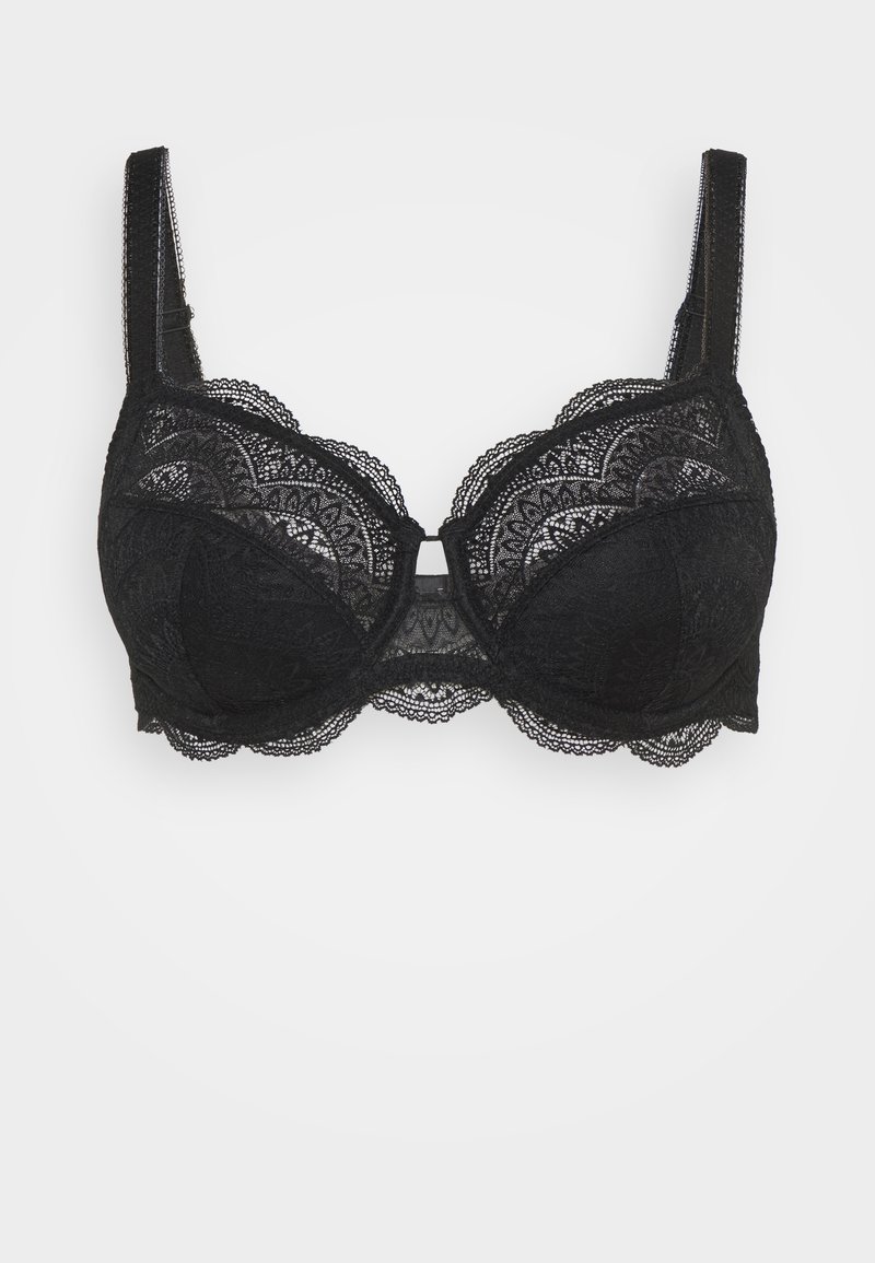 Black lace bra with underwire, scalloped edges, intricate floral pattern, adjustable straps, and a center clasp closure.