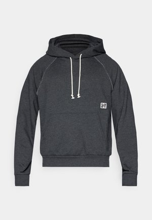 Dark gray hoodie made of cotton blend fabric, featuring a front pocket, white drawstrings, and contrast stitching along the seams.