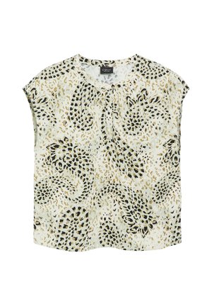 Blouse à manches courtes, coupe ample, avec un motif animalier abstrait beige, noir et blanc et une encolure ronde froncée.