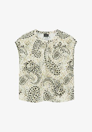 Blouse à manches courtes, coupe ample, avec un motif animalier abstrait beige, noir et blanc et une encolure ronde froncée.