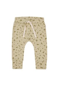Pantalons de survêtement beige pour enfants avec des imprimés d'animaux et de plantes en vert olive. Taille élastique avec cordon de serrage, poignets côtelés et poches latérales.