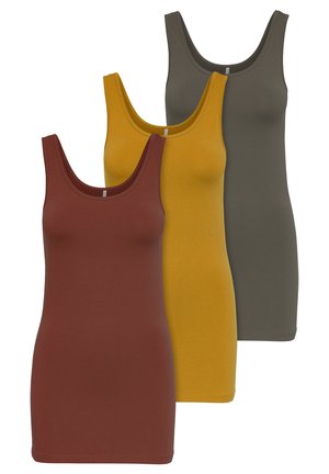 Three tank tops in brown, mustard yellow, and olive green. Each has a scoop neckline, a fitted shape, and a smooth cotton texture.