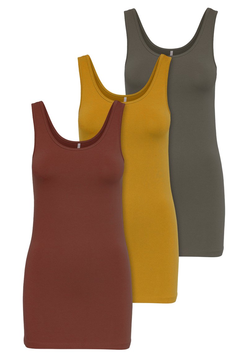 Trois débardeurs en marron, jaune moutarde et vert olive. Chacun a un décolleté en scoop, une coupe ajustée et une texture en coton lisse.