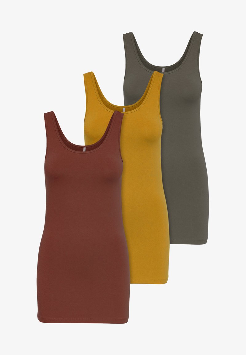 Trois débardeurs en marron, jaune moutarde et vert olive. Chacun a un décolleté en scoop, une coupe ajustée et une texture en coton lisse.