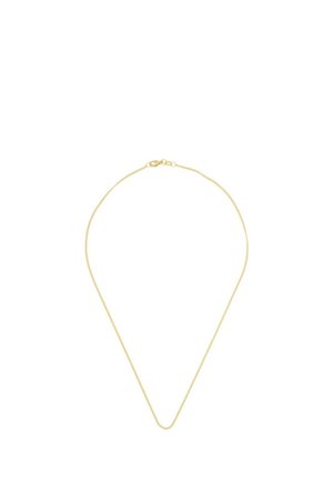 Zarte dünne goldene Halskette mit Karabinerverschluss, auf weißem Hintergrund dargestellt.