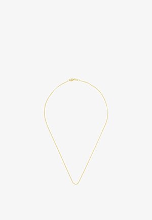 Zarte dünne goldene Halskette mit Karabinerverschluss, auf weißem Hintergrund dargestellt.