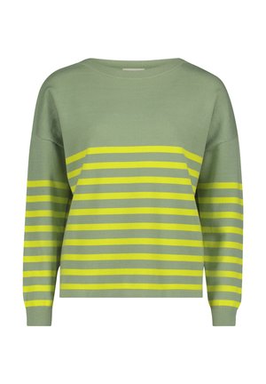 Groene trui met brede horizontale gele strepen, geribbelde boorden en een ontspannen pasvorm. Zachte gebreide stof en een boothals.
