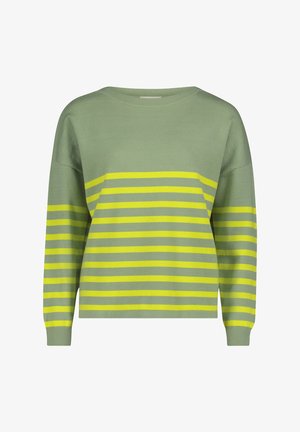 Grøn sweater med brede, horisontale gule striber, ribbede manchetter og en afslappet pasform. Blødt strikket stof og en bådformet halsudskæring.