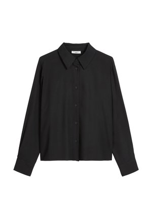 Schwarzes Langarmhemd mit klassischem Kragen, Knopfleiste vorne und glatter Textur. Boxy-Schnitt mit geknöpften Ärmeln.