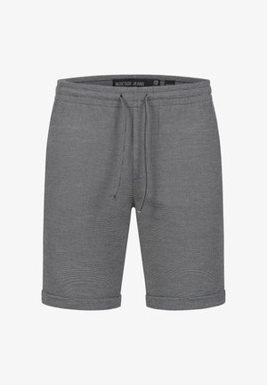 Grijze shorts van gestructureerde stof, met een tailleband met trekkoord en omgeslagen mouwen. Eenvoudig ontwerp zonder zichtbare patronen of hardware.