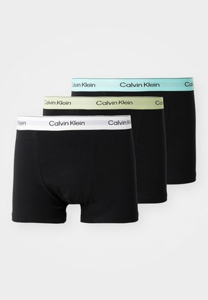 Caleçons noirs en paquet de trois, avec des ceintures élastiques blanches, vertes et bleues portant le logo "Calvin Klein". Matériau en coton.