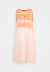 Vestido sin mangas con degradado de naranja a rosa claro con efecto tie-dye. Cuello redondo, fabricado en suave algodón, con el logo "TOMMY JEANS" en el centro.