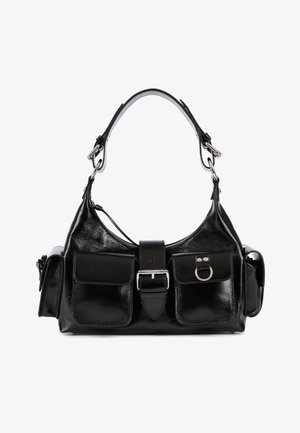 Black leather handbag with a glossy finish, featuring a central buckle, two front pockets, and a short shoulder strap.