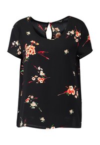 Top negro de mangas cortas con un patrón floral en tonos de rosa y verde, con un detalle de ojal en el escote y un corte holgado.