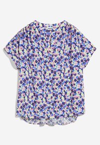 Bluse mit Blumenmuster aus leichtem Stoff, mit einem lebendigen Muster aus blauen, pinken und gelben Blumen, runder Ausschnitt und kurzen Ärmeln.