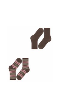 Braune Socken mit glatter Textur werden gezeigt, zusammen mit gestreiften Socken in Pink- und gedämpften Erdtönen in horizontalen Linien.