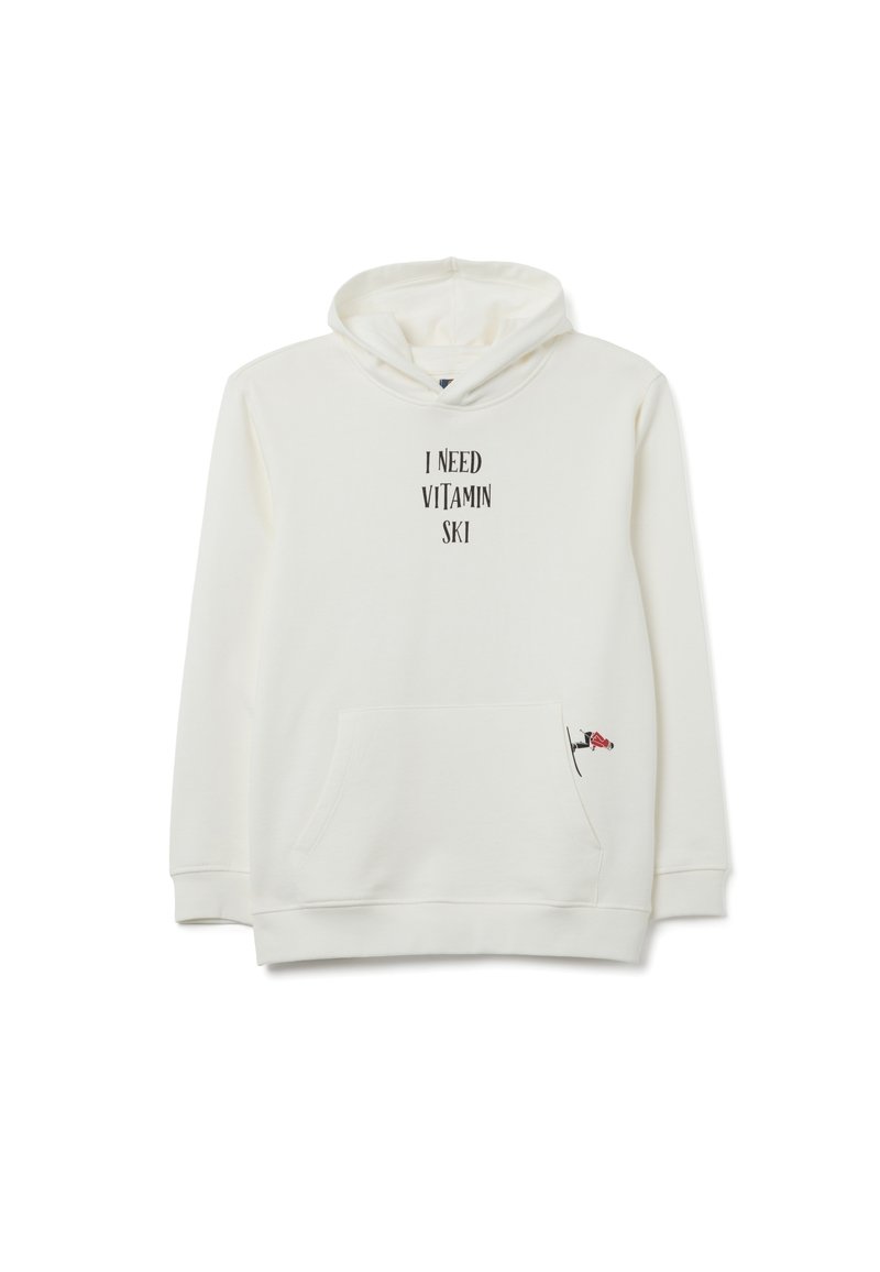 Sudadera con capucha blanca que presenta un bolsillo frontal, capucha con cordón y texto impreso "NECESITO VITAMINA SKI." Pequeño detalle gráfico en el dobladillo.