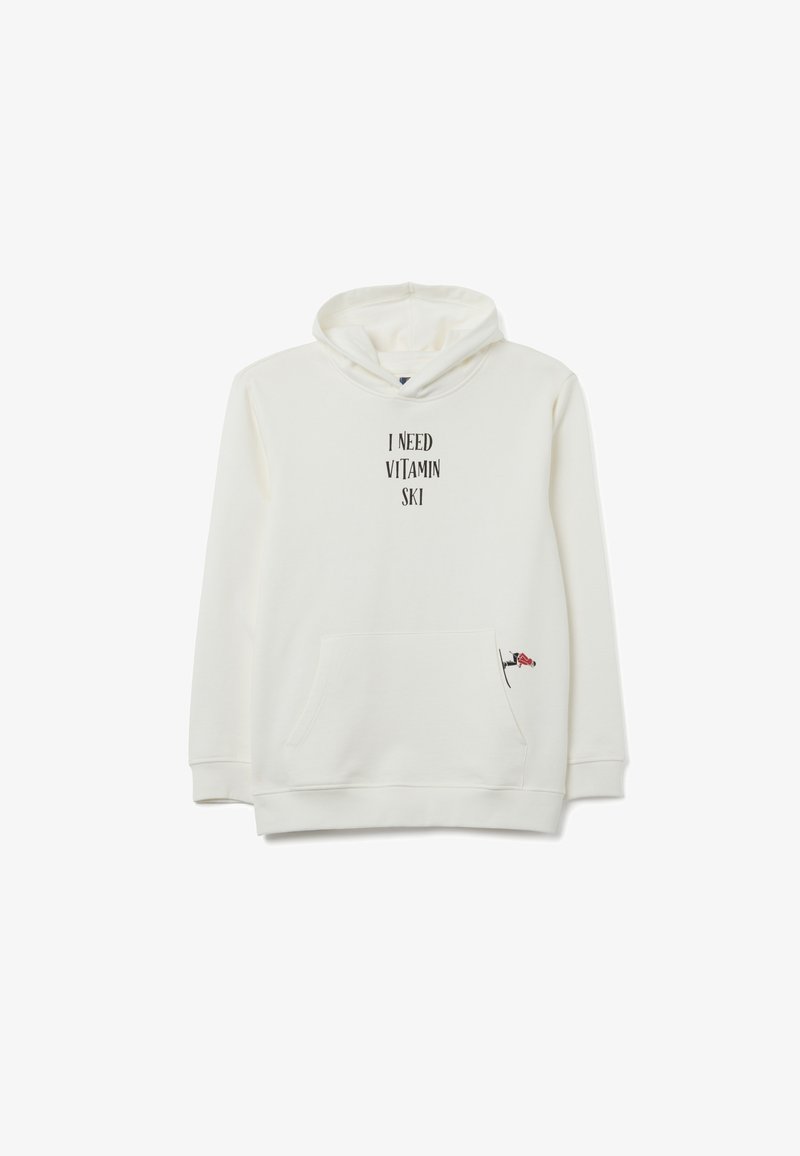 Sudadera con capucha blanca que presenta un bolsillo frontal, capucha con cordón y texto impreso "NECESITO VITAMINA SKI." Pequeño detalle gráfico en el dobladillo.