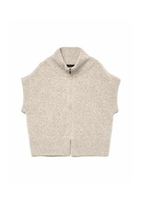 Maglione grigio chiaro, a maniche corte, con colletto alto e zip frontale. Realizzato in un tessuto a maglia testurizzato, ha una vestibilità morbida e spacchi laterali.