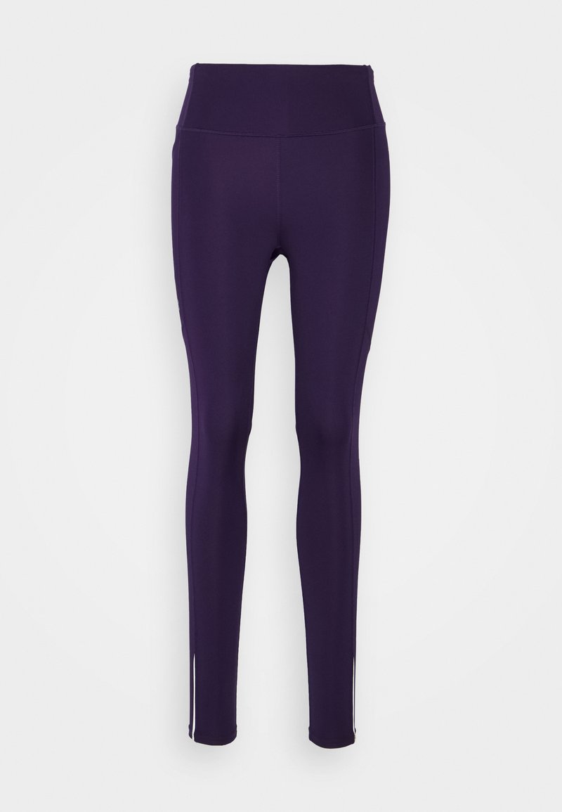 Purple high-waisted leggings featuring a smooth texture, fitted design, and white accent stripes at the ankle.