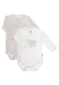 Two baby bodysuits: one light gray with thin stripes and the other white with a green heart graphic stating "Mummy + Daddy = Superbaby."