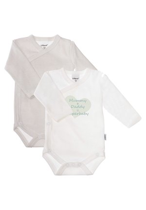 Two baby bodysuits: one light gray with thin stripes and the other white with a green heart graphic stating "Mummy + Daddy = Superbaby."