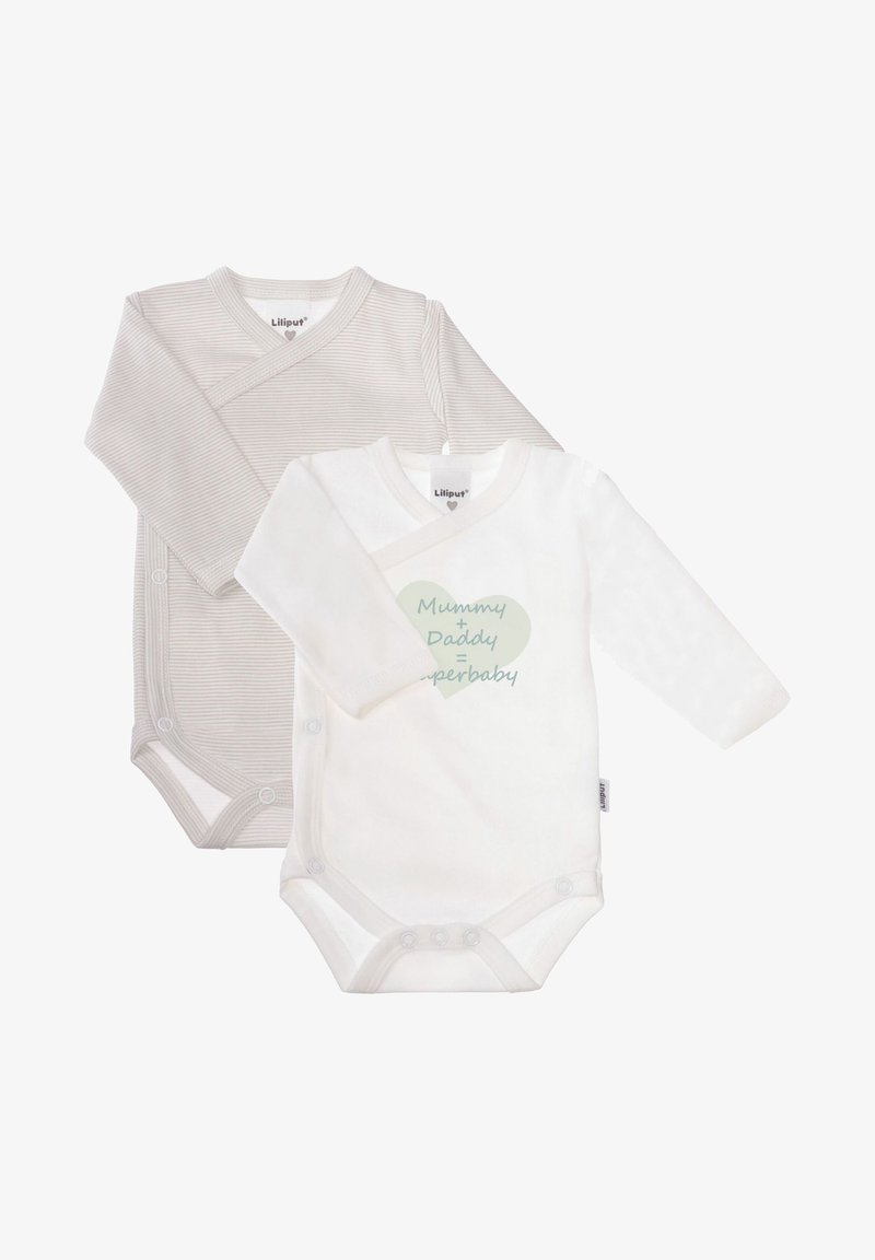 Zwei Babybodys: einer hellgrau mit dünnen Streifen und der andere weiß mit einer grünen Herzgrafik, die besagt "Mummy + Daddy = Superbaby."