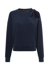 Marineblaue Sweatshirt mit rundem Ausschnitt, langen Ärmeln und einer Schleifendetail am linken Schulterbereich. Hergestellt aus einem weichen, strukturierten Stoff.